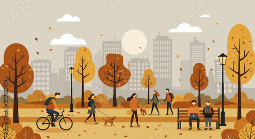 Vector cartoon illustration of urban autumn city park landscape with people, a woman, and a child having fun on the street, and business silhouettes against the sky