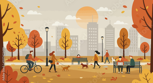 Vector cartoon illustration of urban autumn city park landscape with people, a woman, and a child having fun on the street, and business silhouettes against the sky