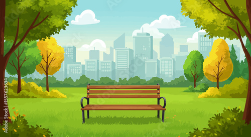 An autumn park landscape with a bench and trees under a clear sky