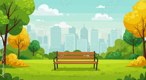 An autumn park landscape with a bench and trees under a clear sky