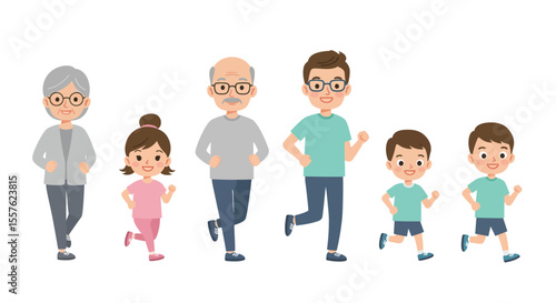 Diverse groups of people, including business teams, young friends, and happy families with children, smiling together in fun, vibrant cartoon illustrations