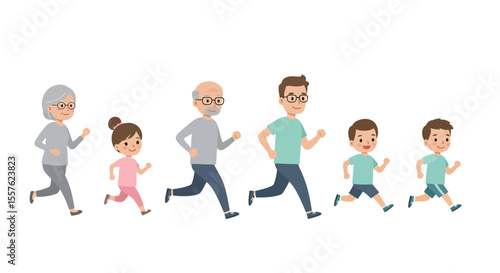 Diverse groups of people, including business teams, young friends, and happy families with children, smiling together in fun, vibrant cartoon illustrations