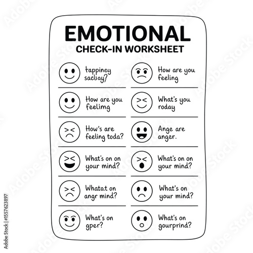 Line art black and white vector of emotional check-in worksheet with emoji faces and guided prompts for mood tracking and self-awareness