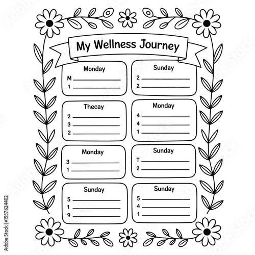 Printable black and white wellness challenge sheet with daily activity boxes in clean minimalist vector style for healthy habit tracking