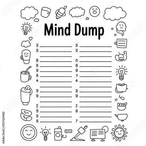 Simple printable black and white page for “Mind Dump” with open blank space and small decorative icons in minimalist vector style