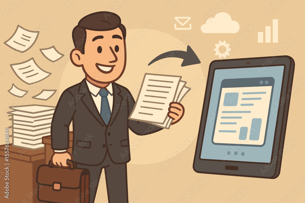 Businessman transitioning from paper to digital technology. Digital transformation concept. Paperless office, streamlined operations, workflow automation, and cloud data management. Businessman transitioning from paper to digital technology. Digital transformation concept. Paperless office, streamlined operations, workflow automation, and cloud data management.