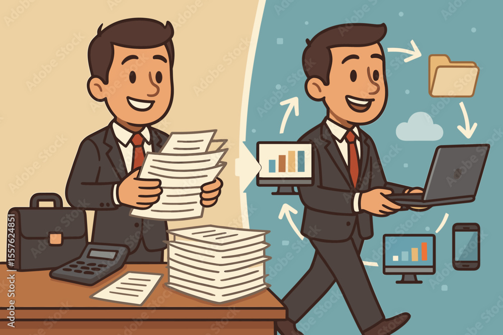 Before and after digital transformation. Businessman moving from analog paper documents to efficient digital workflow with cloud technology. Paperless office & automation concept. Before and after digital transformation. Businessman moving from analog paper documents to efficient digital workflow with cloud technology. Paperless office & automation concept.