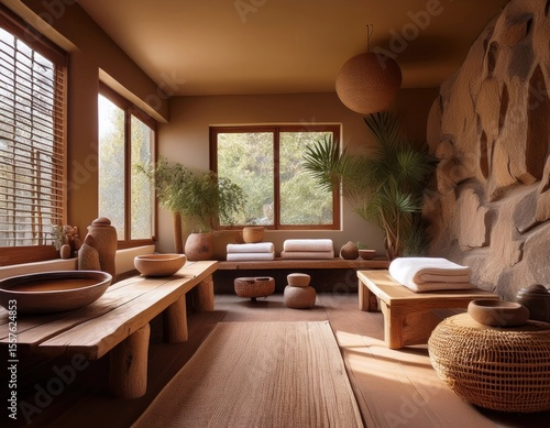 Warm earthy wellness room with clay accents, stone details, and natural woven furniture