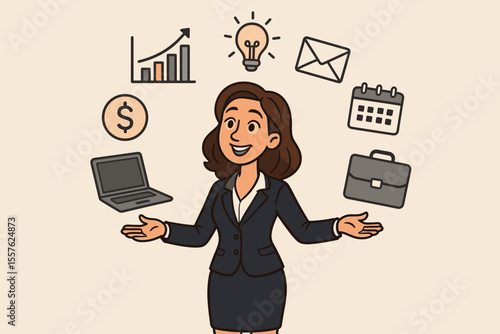 Confident businesswoman multitasking cartoon. Female manager juggling office icons: laptop, calendar, briefcase, email, money, growth chart, idea bulb. Leadership, productivity, workplace concept