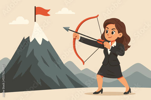 Businesswoman setting ambitious goals aiming for success with mountain peak and red flag symbolism, determination and achievement concept, vector cartoon illustration of leadership and motivation