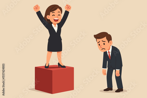 Businesswoman celebrating victory standing on podium, defeated businessman in suit, workplace competition, career success, leadership, achievement, rivalry, corporate challenge, vector illustration