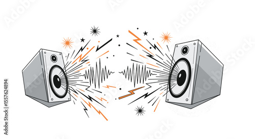 Dynamic audio output from two electronic sound devices creating rhythmic vibrations and energy bursts