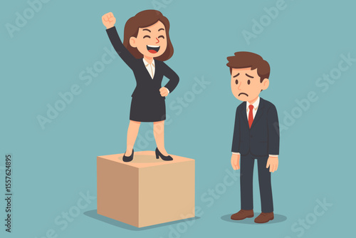 Ambitious businesswoman celebrating victory on podium, defeated businessman, career competition, leadership success, gender equality, workplace achievement, vector cartoon illustration