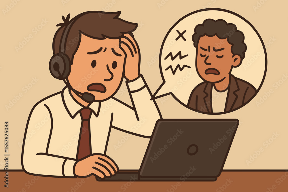 Stressed customer service representative struggling with difficult client communication. Vector cartoon illustration of frustrated call center agent at laptop with headset, workplace problem concept Stressed customer service representative struggling with difficult client communication. Vector cartoon illustration of frustrated call center agent at laptop with headset, workplace problem concept