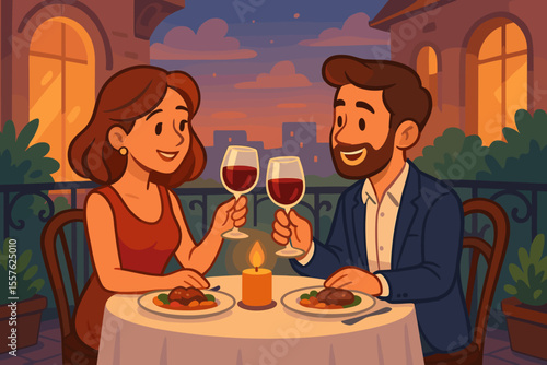 Romantic couple dining outdoors at sunset, elegant restaurant terrace dinner date, toasting red wine, candlelight, evening cityscape, love celebration, vector cartoon illustration