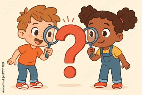 Curious children exploring with magnifying glass and question mark. Kids detective search concept. Investigation, discovery, learning, curiosity, teamwork. Cartoon vector illustration for education.