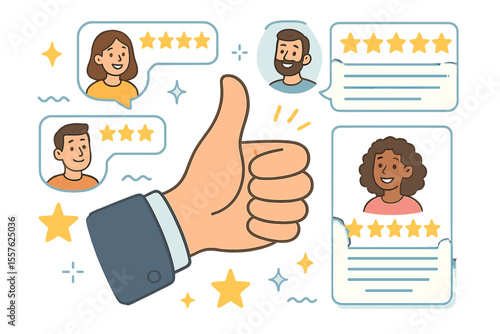 Customer feedback rating review concept. Thumbs up hand, five star positive rating, testimonial, client satisfaction, approval, happy users, cartoon vector illustration, online service evaluation