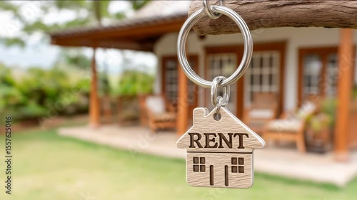 Keychain in the form of a house with the inscription Rent on the background of a modern cottage or villa. Concept of real estate rental, purchase, exchange of housing and transactions with residential
