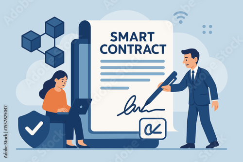 Blockchain smart contract digital signature technology. Electronic agreement, secure online document signing, business people, laptop, security shield, cloud computing, vector illustration