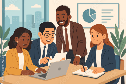 Diverse business team collaboration in modern office. Multicultural professionals working together on project, meeting at desk with laptop, documents, charts, teamwork, corporate strategy, planning