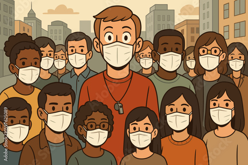 Diverse multicultural crowd wearing protective face masks in city street, whistleblower leader highlighted, urban pandemic safety, public health awareness, cartoon vector illustration