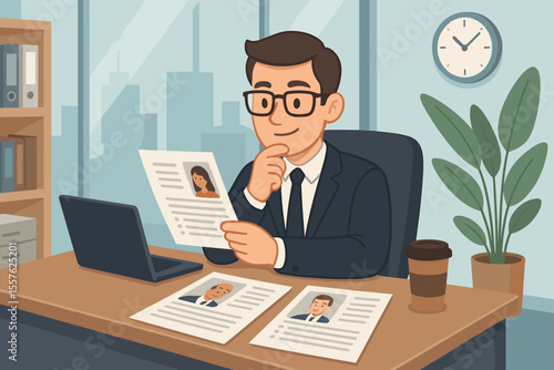 Human resources manager reviewing resumes and job applications at office desk. Recruitment process, candidate selection, interview preparation. Modern workplace, HR professional hiring staff