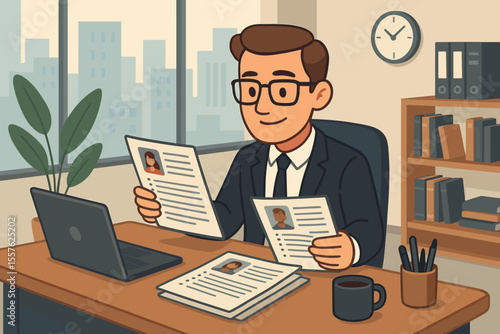 Human resources manager reviewing resumes and job applications at office desk. Recruitment process, candidate selection, interview preparation. Modern business workplace, HR vector illustration.