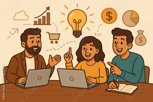 Teamwork brainstorming business ideas for online startup success. Creative entrepreneurs planning finance strategy with laptops, charts, money symbols, lightbulb. Vector illustration concept