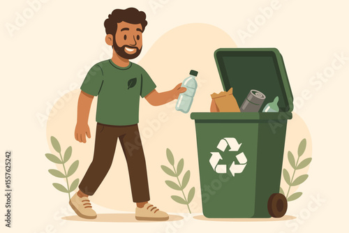 Eco-friendly man recycling plastic bottle into green bin. Environmental conservation, waste management, sustainability, cartoon vector illustration. Clean earth, reduce reuse recycle concept.
