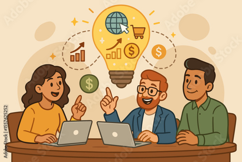 Teamwork brainstorming online business ideas for financial success. Diverse entrepreneurs collaborating with laptops, lightbulb innovation, digital marketing, e-commerce, money growth concept