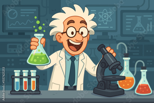 Cartoon Scientist in Lab Coat Conducting Chemistry Experiment with Test Tubes, Beakers, and Microscope in Modern Laboratory. Science Research Concept. Vector Illustration for Education and Innovation