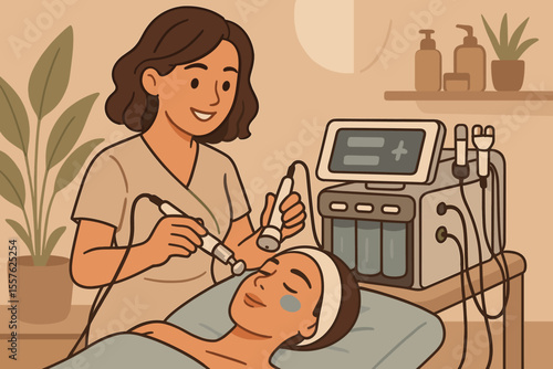 Professional esthetician performing advanced facial treatment with modern skincare technology in luxury spa. Beauty therapy, cosmetic procedure, wellness routine, relaxing salon vector illustration