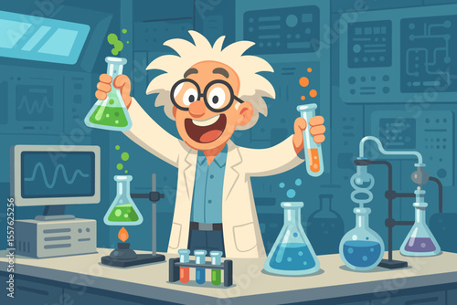 Happy cartoon scientist with wild hair performing chemistry experiments in advanced laboratory. Funny science professor mixing colorful liquids in flasks. Laboratory research vector illustration