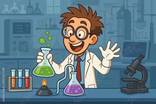 Cartoon scientist in white lab coat conducting chemistry experiment in laboratory with colorful test tubes, flasks, microscope, and Bunsen burner. Fun science education vector illustration