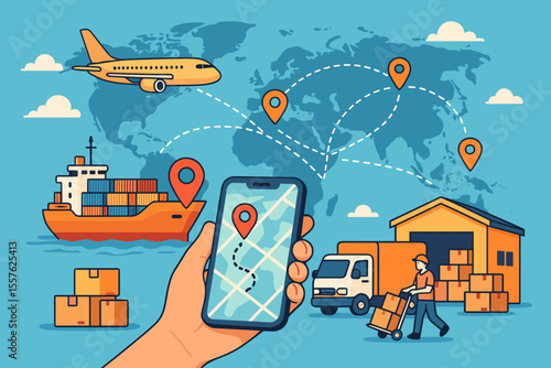 Global logistics and shipping network management with mobile app technology. Air, sea, and land cargo transport, warehouse, delivery tracking, worldwide distribution, supply chain vector illustration