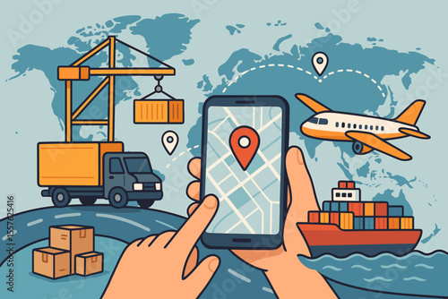 Global logistics and shipping network tracking. Mobile app technology for efficient delivery management. Cargo ship, airplane, truck, crane, boxes, world map. Vector illustration for supply chain