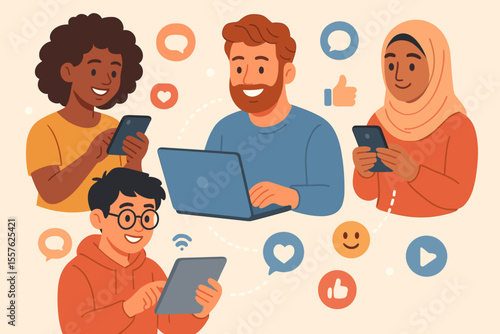 Diverse group of people using digital devices for social media communication. Multicultural users with smartphone, laptop, tablet. Online connection, technology, internet, networking concept vector