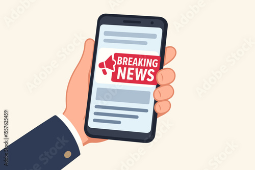 Hand Holding Smartphone with Breaking News Alert Notification, Real-Time News Update Concept, Mobile News App, Digital Communication, Vector Cartoon Illustration
