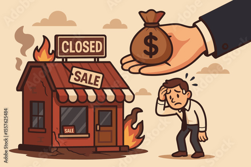 Financial Aid Support for Struggling Small Business, Bankruptcy Crisis, Closed Store on Fire, Stressful Owner, Economic Recession, Money Assistance, Business Failure, Vector Illustration