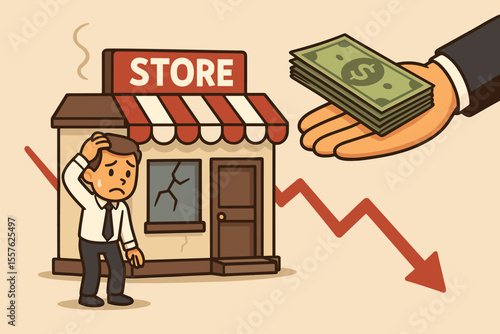 Financial Support for Struggling Small Business Concept. Cartoon Vector Illustration of Bank Loan, Economic Crisis, Store Bankruptcy, Business Owner Stress, Downturn, Cash Aid, Recession Recovery
