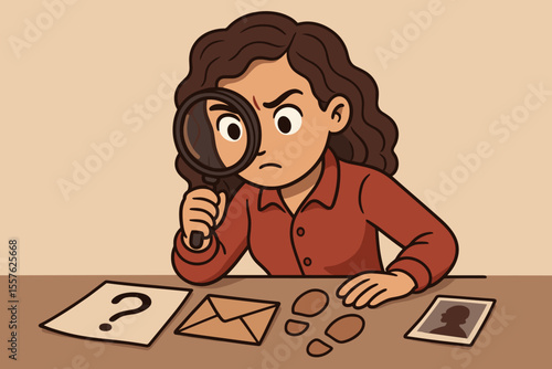 Curious woman detective analyzing clues with magnifying glass, investigating evidence, solving mystery, cartoon vector illustration, female sleuth, crime scene, forensic search, private investigator