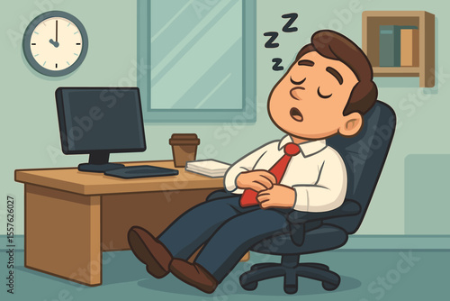 Sleepy Office Worker Taking Nap at Desk, Cartoon Businessman Relaxing in Chair During Workday Break, Workplace Fatigue, Overworked Employee Resting, Corporate Office Interior Vector Illustration