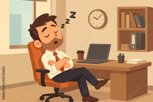 Cartoon businessman sleeping in office chair during workday, exhausted employee taking nap at desk, workplace burnout, stress relief, productivity break, corporate office vector illustration