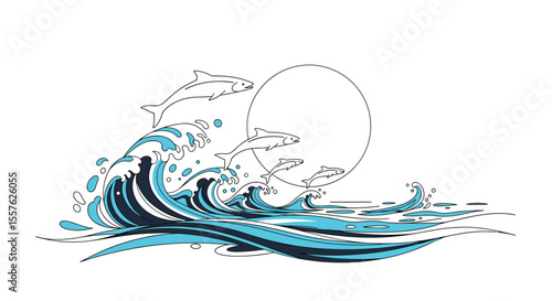 Majestic Dolphins Leap Through Crashing Ocean Waves Under a Radiant Full Moon