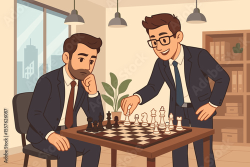Businessmen Playing Chess in Modern Office, Strategic Decision Making, Corporate Competition, Teamwork, Leadership, Problem Solving, Professional Strategy, Cartoon Vector Illustration