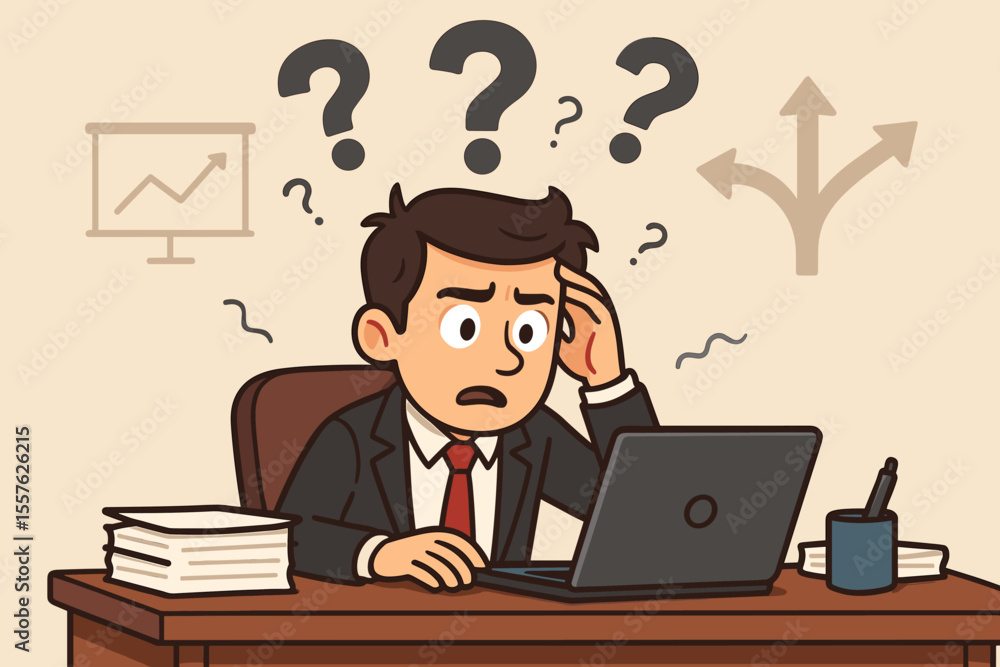 Confused office worker at desk facing difficult decision, business stress, unclear goals, workplace anxiety, cartoon vector illustration, corporate employee, question marks, career direction Confused office worker at desk facing difficult decision, business stress, unclear goals, workplace anxiety, cartoon vector illustration, corporate employee, question marks, career direction