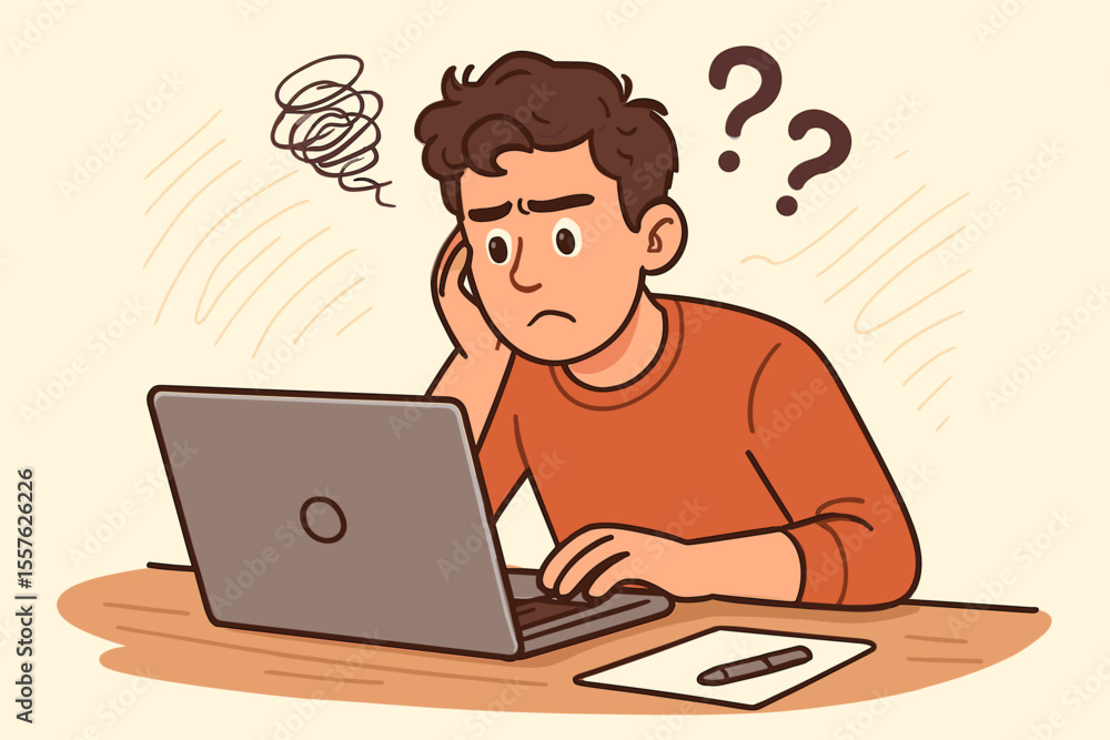 Confused Young Man Facing Difficult Problem on Laptop at Desk. Frustrated Student with Question Marks. Stress, Anxiety, Trouble Studying, Technology Issues, Cartoon Vector Illustration, Workspace Confused Young Man Facing Difficult Problem on Laptop at Desk. Frustrated Student with Question Marks. Stress, Anxiety, Trouble Studying, Technology Issues, Cartoon Vector Illustration, Workspace