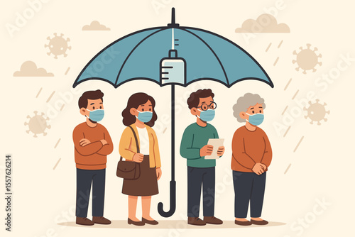 Diverse people wearing face masks waiting in line for COVID-19 vaccine, protected by large umbrella shaped like syringe, virus prevention, vaccination campaign, healthcare safety vector illustration