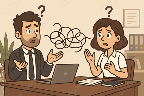 Confused businesswoman and businessman struggling with miscommunication in office, tangled thoughts, workplace misunderstanding, cartoon vector illustration, corporate conflict, problem solving