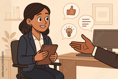 Professional employee receiving constructive feedback for growth, continuous improvement, and career development in office meeting. Positive communication, teamwork, idea sharing. Vector illustration